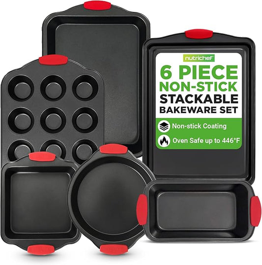 NutriChef Baking Pans Set - 6 Piece Bakeware with Nonstick Carbon Steel for Easy Release and Cleanup, Durable and Versatile Design, Includes Cookie Sheet, Loaf Pan, Muffin Tin & More by NutriChef%E2%84%A2Kitchen