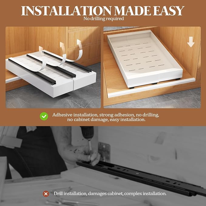 Seinloes 4 Pack Expandable Pull Out Cabinet Organizer 21" Deep With Raising Pad for Framed Cabinets,Upgrade 3 Slide Rails Slide Out Drawers,No Drill Roll Out Shelves,Adjustable Width 9"-14" White - Image 6
