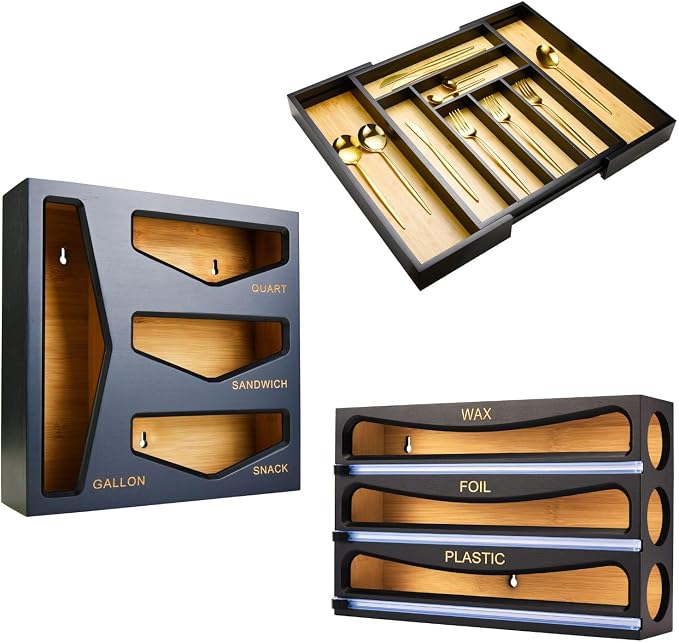 Bamboo Bag Storage Organizer, Wrap Dispenser, and Drawer Organizer Bundle for Kitchen Drawer (Black) by CozeeBay