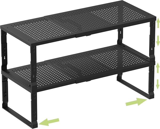 Heavy-Duty Adjustable Metal Shelf Organizer - Expandable & Stackable Pantry Storage Rack for Kitchen, Bathroom, RV, Cabinets(2 Packs/Black, Medium) by Unknown