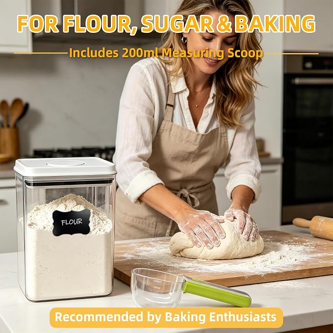 Pop Push Button Airtight Food Storage Containers Baking Set 5 Pcs | BPA-Free Stackable Canisters with Scoops – 3 Sizes for Flour, Sugar, Baking Soda, Cocoa Powder, Pantry & Baking Essentials - Image 2