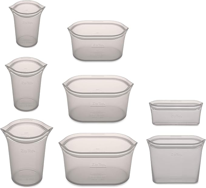 Zip Top Reusable Food Storage Containers Full Set of 8 Gray – Platinum Silicone Cups, Dishes & Bags – Microwave, Dishwasher & Freezer Safe – Made in USA, BPA-Free - Image 2