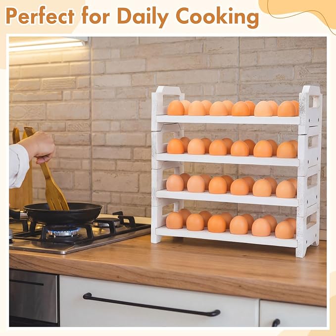 Reallnaive 4 Tier Wooden Egg Holder for Countertop, Stackable Fresh Egg Storage Farmhouse Collecting Rack for Gathering Kitchen Organizer Duck Eggs Display, Stackable with 72 Eggs (White,Pine) - Image 4