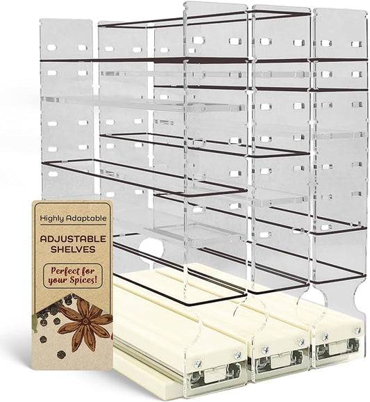 Adjustable Spice Rack Drawer - Pull Out Cabinet Organizer - Kitchen and Pantry Organizers and Storage - Spice Caddy - 3 Drawers, 5 Upper Tier (6.9" W x 11.25" H x 10.6", Cream) by VerticalSpice