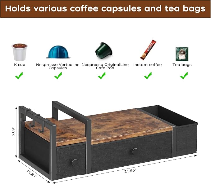 Homeiju Coffee Pod Drawers - K Cup Organizer, Nespresso Pods Holder with Mug Rack, Coffee Holder for Countertop, 52 Capacity Pods, Suitable for Kitchens, Offices and Coffee Bars(Brown) - Image 5
