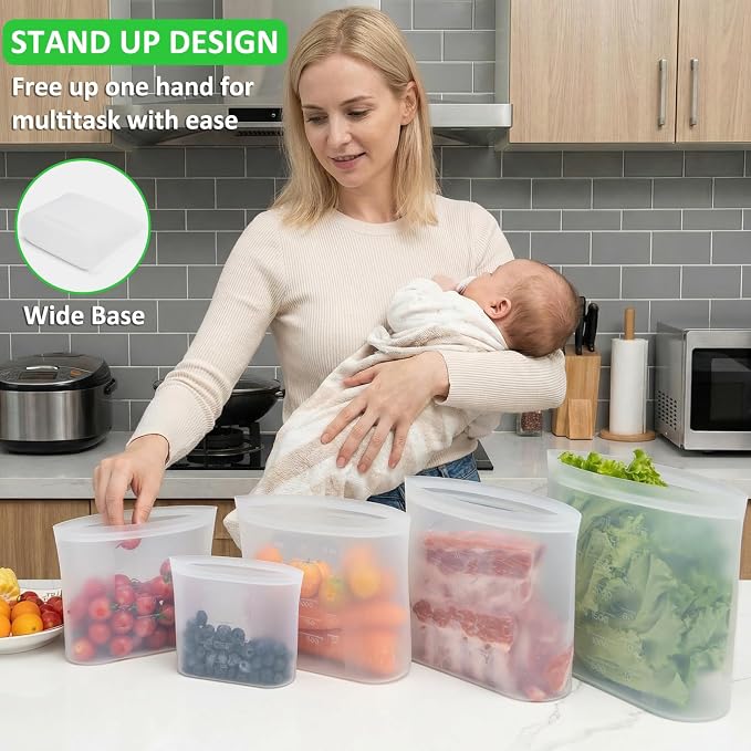Premium Silicone Reusable Food Bags, Family Storage Set, 10 Pack, 100% Platinum Silicone Food Storage Bag Stand-Up Wide-Mouth Zip-Lock, Microwave Dishwasher Safe, 2XL/2L/2M/2S/2XS, Crystal-Clear - Image 5