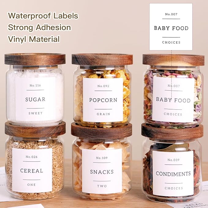 6 Set Glass Pantry Storage Jars with Acacia Airtight Lid - 15oz Thicken Glass Kitchen Canisters with 132 Pantry Labels - Clear Glass Food Storage Containers with Wood Lid for Tea,Sugar,Spice,herbs - Image 3