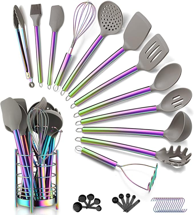 38 Piece Silicone kitchen Cooking Utensils Set with Utensil Crocks, Silicone Head and Stainless Steel Handle Cookware, Kitchen Tools for Utensil Set, Non-Stick kitchen Gadgets,Dishwasher Safe(Rainbow) by HOMQUEN