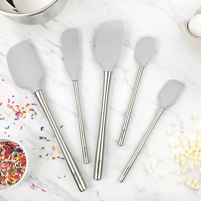 Tovolo Stainless Steel Handled Silicone Spatula Set of 5 Oyster Gray, Dishwasher Safe Kitchen Spatula Set for Cooking Baking, Non Toxic BPA Free Silicone Spatula set with Metal Steel Handle - Image 4