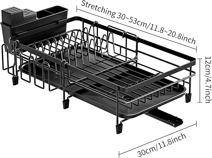 Dish Drying Rack - Extendable Dish Rack, Multifunctional Dish Rack for Kitchen Counter, Anti-Rust Drying Dish Rack with Removable Cutlery & Cup Holders, Black - Image 4