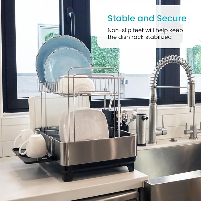 Home Zone Living Dish Drying Rack for Kitchen Counter with 2-Tiers | Stainless Steel with Drip Tray, Extendable Water Drainage Pipe, and Holders for Utensils, Wine Glasses and Cutting Board - Image 5