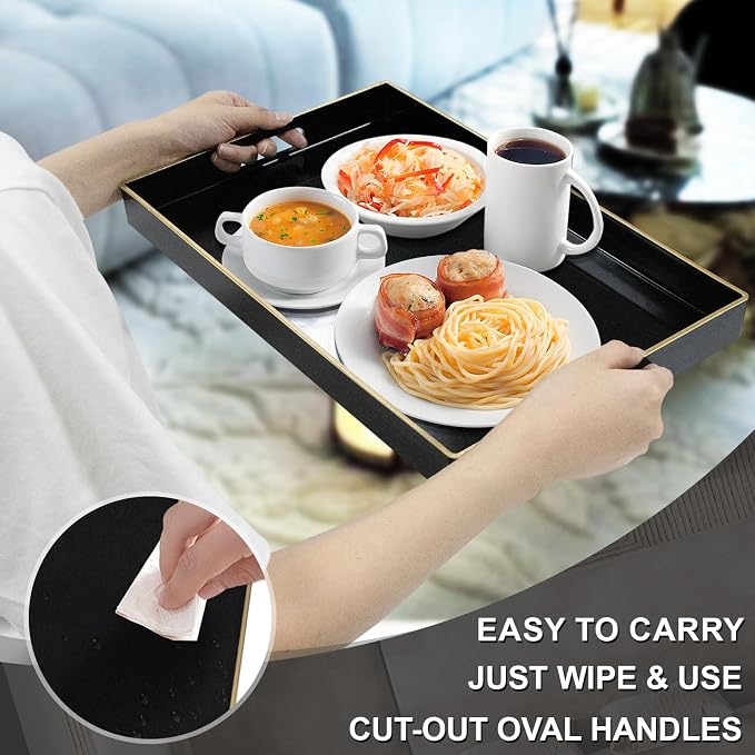 Black Decorative Tray for Coffee Table, Serving Tray with Handles | Plastic Melamine Tray, Modern Ottoman Tray, Rectangular Countertop Organizer Tray for Living Room, 15.8"L x 10.2"W x 1.4"H - Image 4