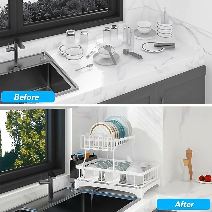Dish Drying Rack for Kitchen Counter, 2 Tier Stainless Steel ​Sinkside Dish Racks with Drainboard Set, Stainless Steel Rustproof Dish Drainer with Drainboard, Kitchen Removable Cutlery Holder, White - Image 6