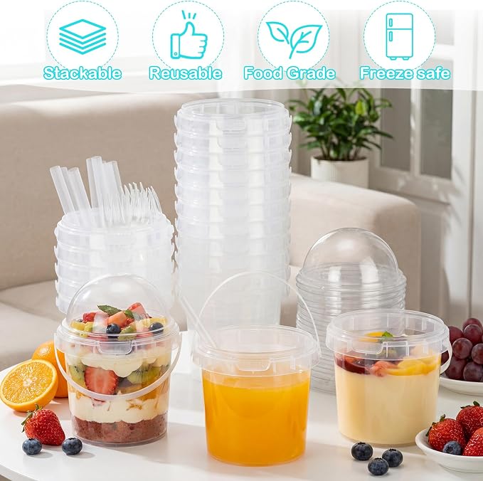 50 Pcs Bucket Cups Bulk Reusable Plastic Drink Buckets with Lids Dome Forks and Straws 32 oz Ice Cream Freezer Food Storage Containers for Popcorn Pail Outdoor Travel Beverage Party Picnic - Image 4