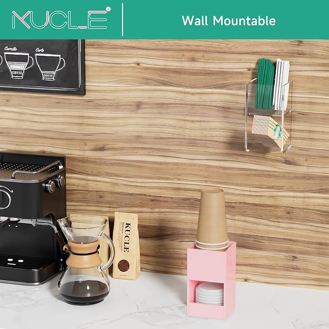 2-Tier Coffee Station Organizer for Countertop, 2 Compartments Pink Acrylic Cup and Lid Holder Tea Condiment Storage Upright Coffee Bar Organizer Pod Dispenser for Office Breakroom Home Kitchen - Image 2