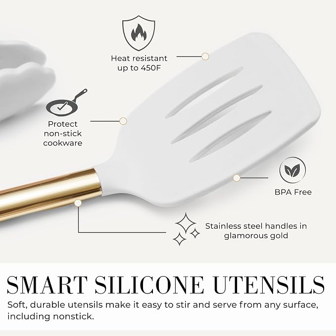 Styled Settings White and Gold Kitchen Utensils Set, 15-Piece | BPA free, Non-Scratch, Silicone Utensils Set Includes Measuring Cups and Spoons, White and Gold Kitchen Accessories - Image 4