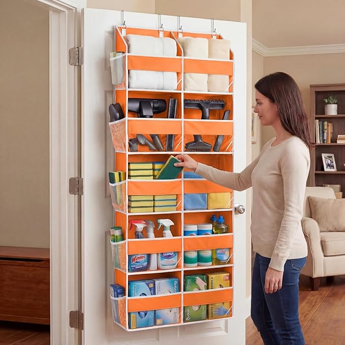 Over The Door Organizer 5 Tiers, Extra Large Behind Door Storage of 10 Compartments, 80 lbs Weight Capacity Hanging Storage Organizer with Clear Window Kids Toys,Shoes,Diapers,Room Storage,Orange - Image 6