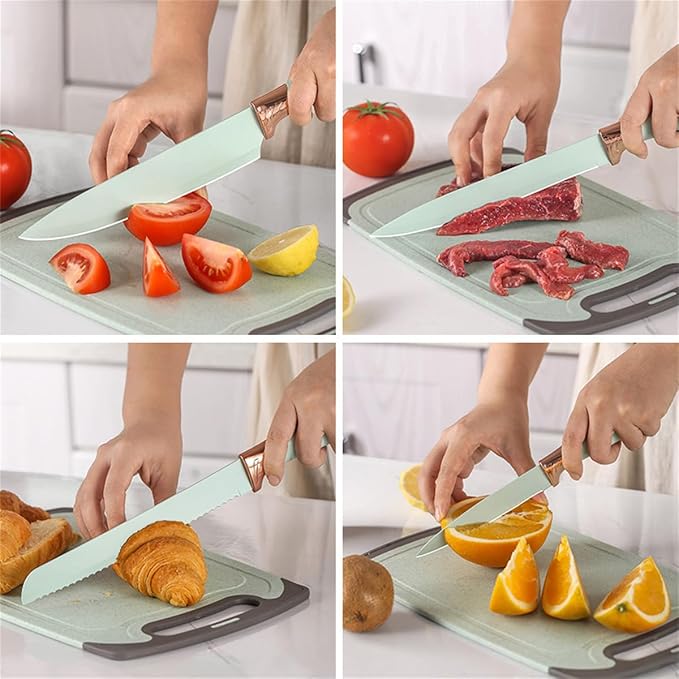 19 Pcs Kitchen Cooking Utensils and Knife Set with Block, Include 11 Pcs Silicone Cooking Utensils Set 5 Pieces Sharp Stainless Steel Chef Knives Scissors Whisk Tongs and Cutting Board (Light Green) - Image 4