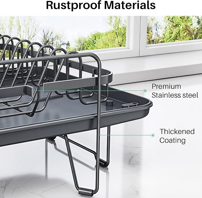 SNTD Large Dish Drying Rack for Kitchen Counter, Expandable, Grey | Stainless Steel Dish Drainer, Adjustable Length 18.9''-29.3'', Automatic Drainage, 360° Spout, Cutlery Holder with Knife Slot - Image 8