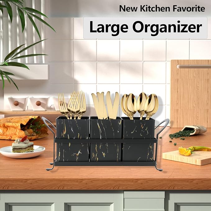 NelyBet Kitchen Utensil holder for Countertop, Silverware Caddy,Golden Marble Black Flatware Holder Utensil Cutlery Organizer for Party Gatherings, Metal and Durable Design - Image 2