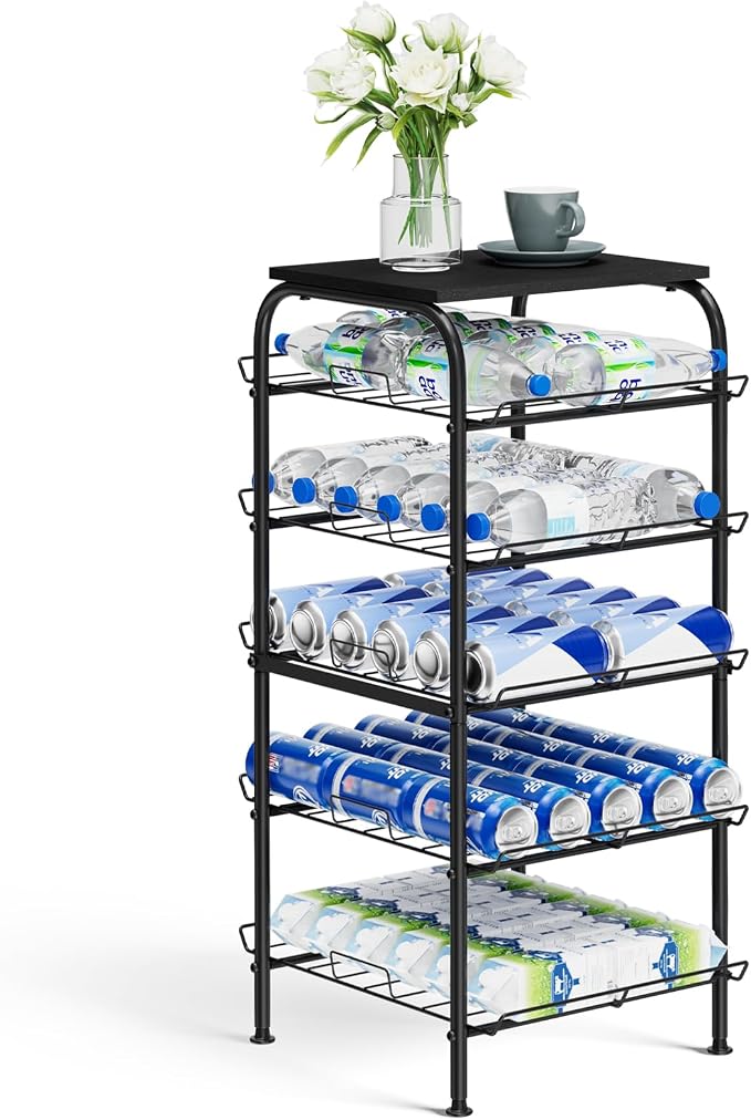 Vrisa 5 Tier Water Bottle Storage Rack Vertical Freestanding Bottled Water Organizer Large Capacity Beverage Drink Soda Can Holder Stand for Kitchen Pantry Home Party Food Storage, Black by Vrisa
