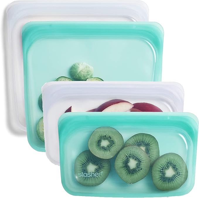 Stasher Silicone Reusable Storage Bag, Bundle 4-Pack Lunch (Clear+Aqua) | Food Meal Prep Storage Container | Lunch, Travel, Makeup, Gym Bag | Freezer, Oven, Microwave, Dishwasher Safe, Leakproof by Unknown
