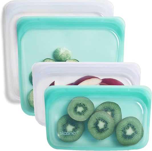 Stasher Silicone Reusable Storage Bag, Bundle 4-Pack Lunch (Clear+Aqua) | Food Meal Prep Storage Container | Lunch, Travel, Makeup, Gym Bag | Freezer, Oven, Microwave, Dishwasher Safe, Leakproof by Unknown