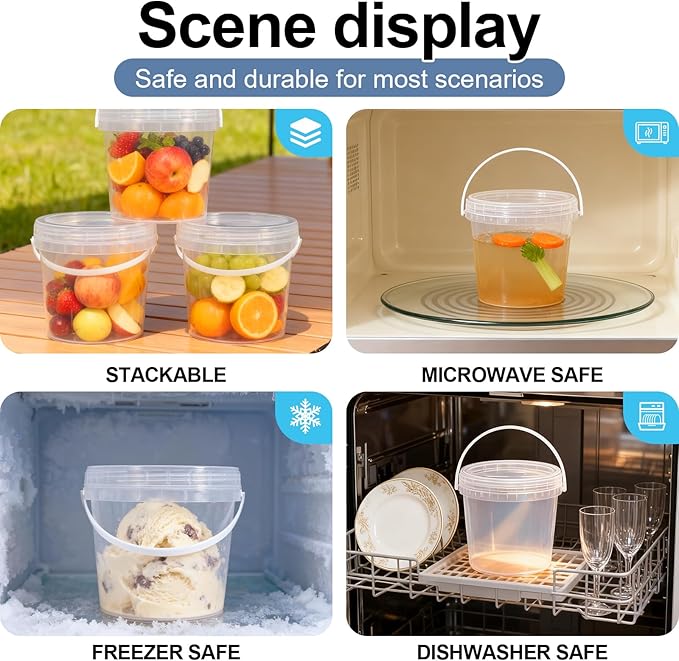 4 Pack 64oz Food Grade Plastic Buckets with Screw Lids & Handle, Reusable Storage Containers for Snacks, Salad, Sauce - Clear Freezer Safe Bucket Set - Image 5