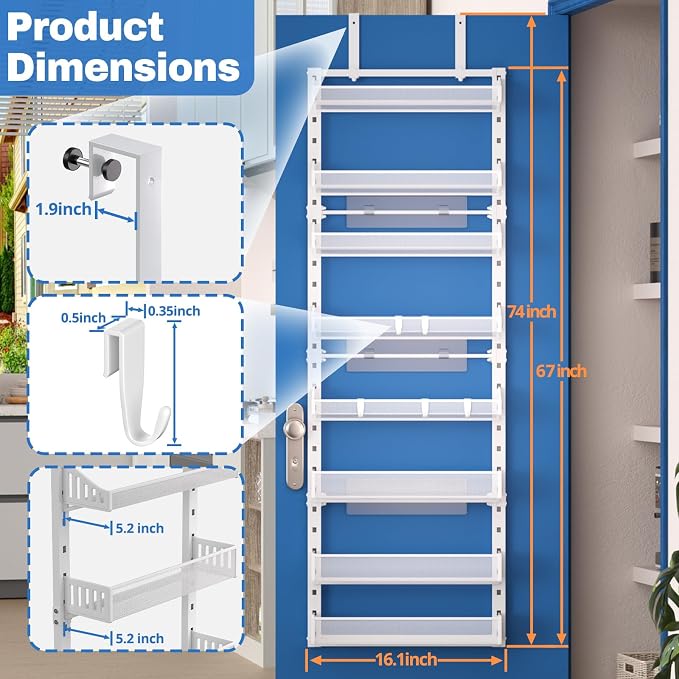 coobest 8-Tier Over the door Spice Rack Organizer, Large Heavy Duty Metal Wall Mount or Over The Door, 2 in 1 Rust-Proof Hanging Storage Shelf for Kitchen Pantry, Bathroom, Laundry Room, Closet - Image 4