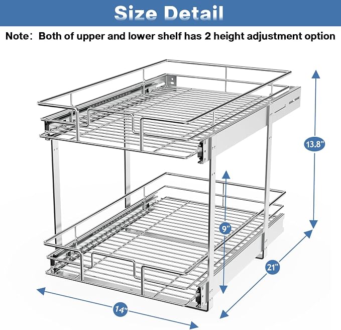 LOVMOR 2 Tier Individual Pull Out Cabinet Organizer 14" W x 21" D, Slide Out Kitchen Cabinet Storage Sliding Shelves - Image 3
