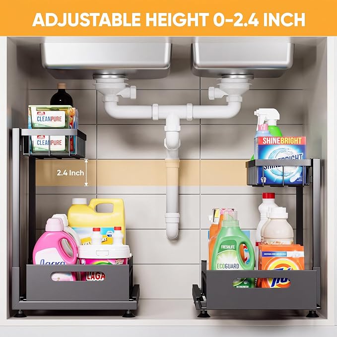 2-Pack L-Shaped Under Sink Organizer, 2-Tier Pull-out Cabinet Rack | Black Height-Adjustable Steel Rack, Sliding Grid Drawers with PP Liners, Holds 100 Lbs, Suction Base, Ideal Kitchen Storage - Image 2