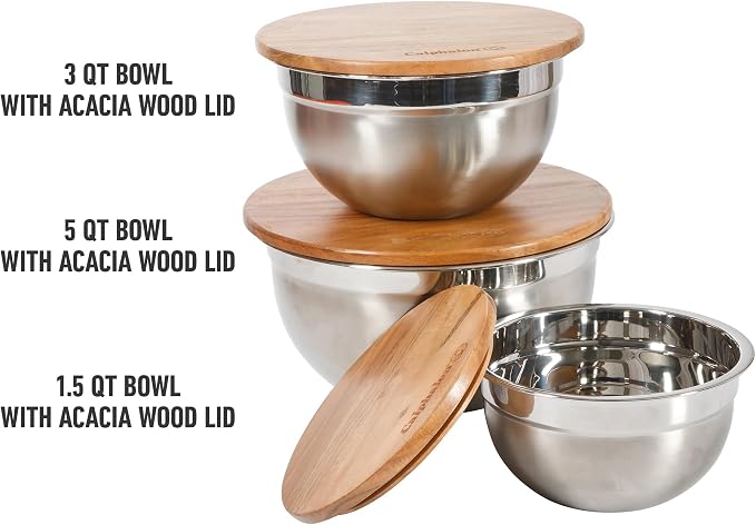 Calphalon Orbit Mixing Bowl Set, 3-Piece Stainless Steel Mixing Bowls(1.5 Qt, 3 Qt, 5 Qt) with Acacia Wood Lids & Non-Slip Base, Kitchen Prep Bowls for Mixing, Serving & Food Storage - Image 3