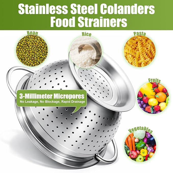 Palksky Stainless Steel Colander Set of 3, Nesting Metal Strainers with Handles and Raised Base, 7/8.7/11 Inch Kitchen Colanders for Pasta, Vegetables, Fruit, Rice, Salad and Meal Prep - Image 6