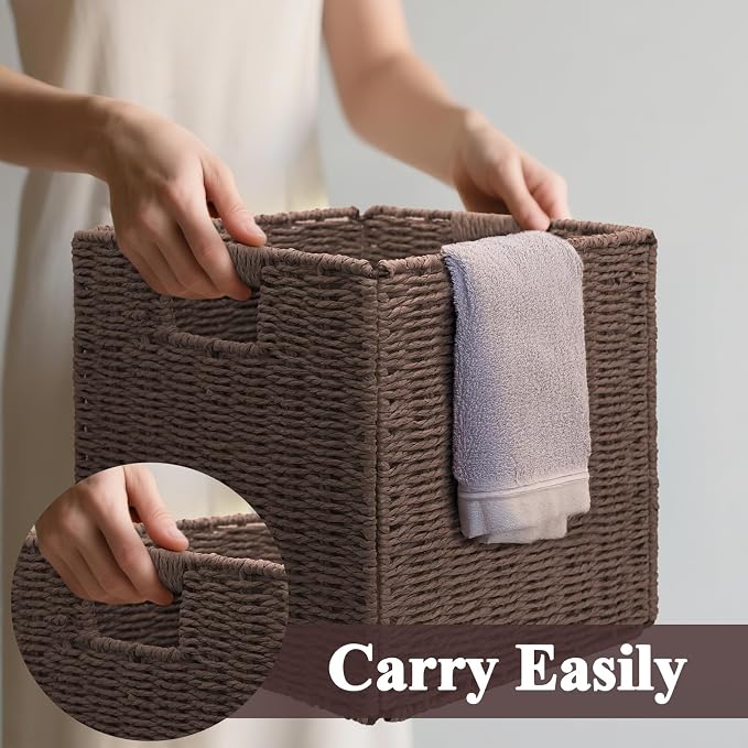 Wicker Storage Baskets for Organizing, 3 Pack Rustic Foldable Square Basket for Shelves, Handwoven Cubby Organizer Bins for Home Decor, Small Cube Storage Bin for Closet Organization (Brown 11 inch) - Image 4