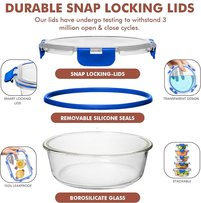 Razab 30 PC Glass Food Storage Containers with Lids - Reusable Glass Meal Prep Containers for Lunch and Leftovers - Airtight & Leakproof Snap Locking Lids - Oven, Freezer, Microwave, Dishwasher Safe - Image 3