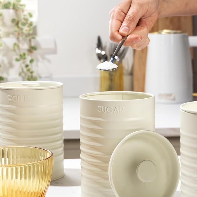 Russell Hobbs RH03268CEU7 Ribbed 3-Piece Canister Set – Set of 3 Kitchen Storage Canisters for Tea, Coffee and Sugar, Durable Powder-Coated Steel, Pull Top Lids, Easy to Clean, Ribbed Design, Cream - Image 4