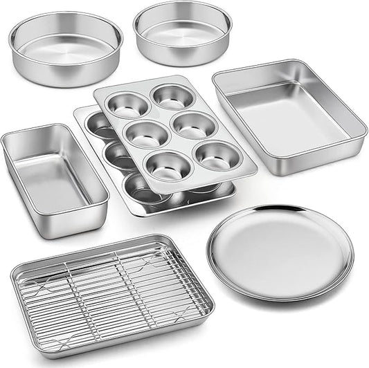 P&P CHEF 9 PCS Baking Pans Sheets, Stainless Steel Bakeware Set for Cooking | Including Toaster Oven Pan/Cooling Rack/Lasagna Pan/Round Cake Pans/Muffin/Loaf/Pizza Pan, Healthy & Dishwasher Safe by PPCHEF
