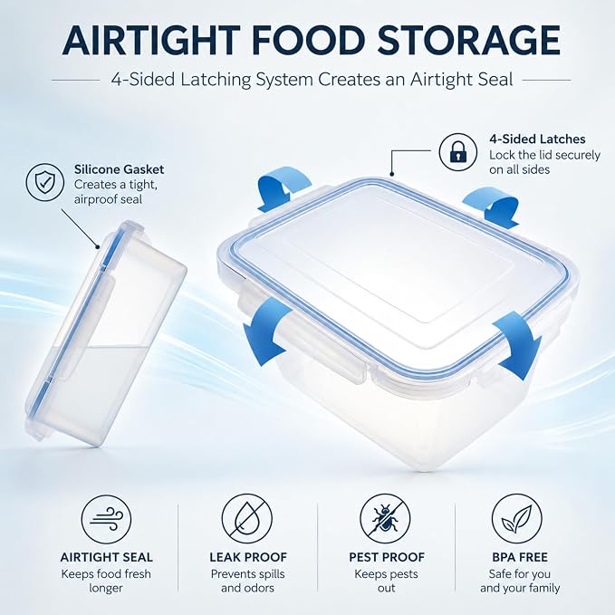 Lustroware Jumbo Food Storage Container Set of 2 with Lids – 12 & 17 Quart Airtight Latching Boxes, Heavy-Duty Stackable Bins for Rice, Flour, Pet Food, Closet, Pantry, Kitchen, Pantry, Made in Japan - Image 4