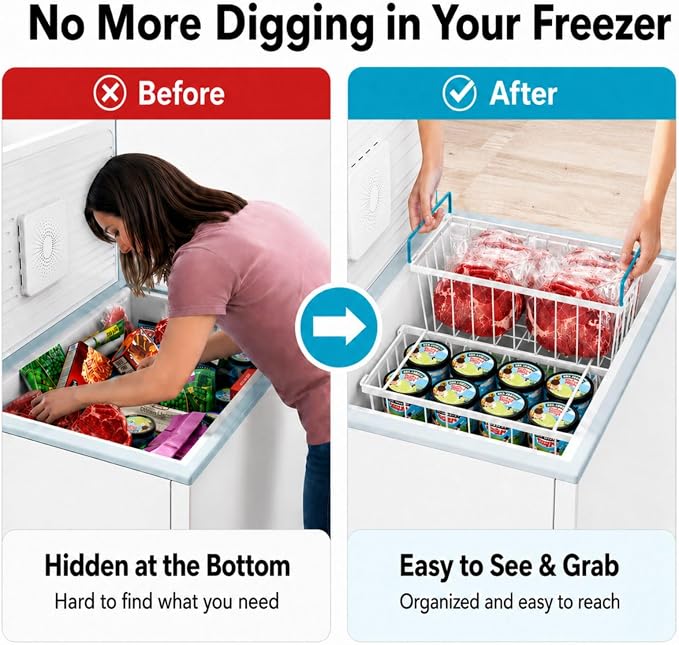 Deep Freezer Organizer Bins - Small Baskets for 7 Cu.Ft, 8 Pack | Easy Access Handles, Stackable Deep Freezer Wire Baskets, Vertical Space Sorts for Frozen Meat, Vegetable and Bagged Items - Image 3