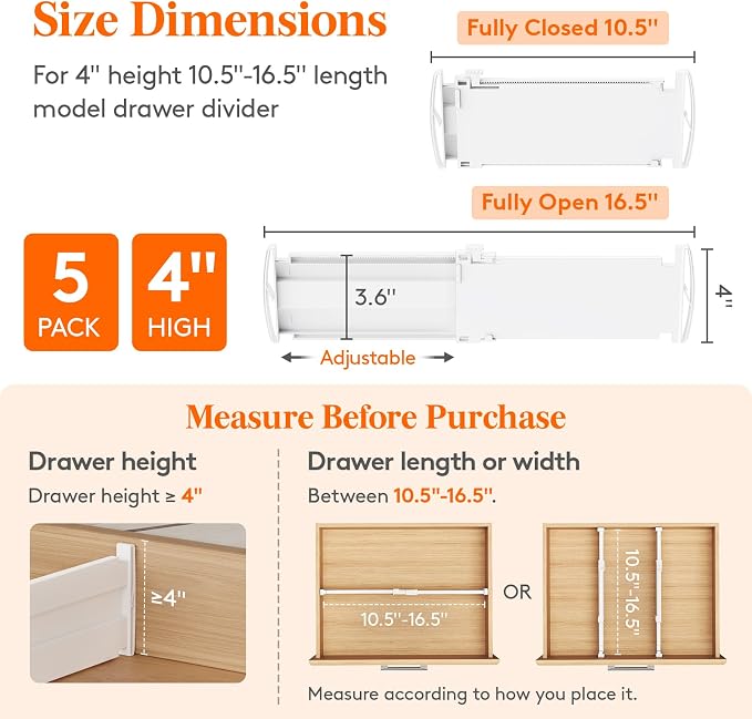 Lifewit 5 Pack 4" High Drawer Dividers, Adjustable Drawer Organizer Clothes | 10.5"-16.5" Expandable White Plastic Separators for Dresser, Kitchen, Cabinet, Nursery, Office, Socks & Underwear Storage - Image 2