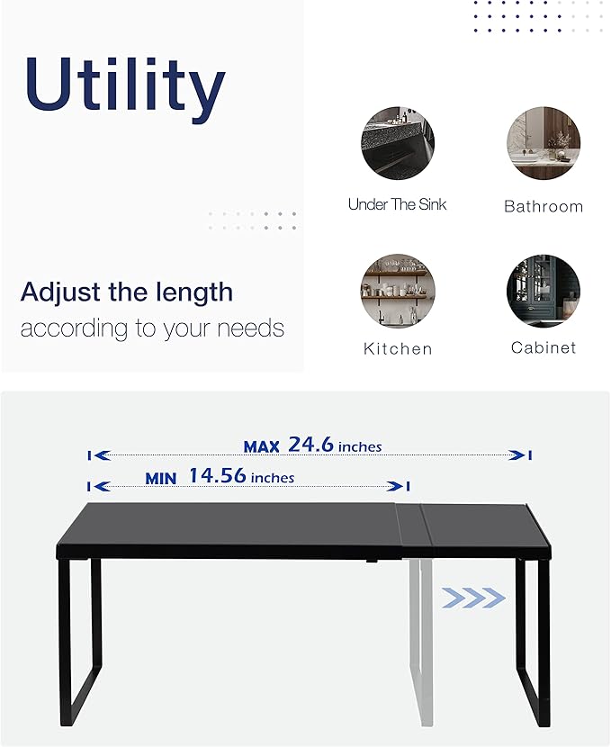 Nxconsu Expandable Cabinet Shelf, Shelf Riser for Cabinets, 8.26" Black | Edgeless Metal Cabinet Riser Holds 50 lb and Expands 14.6 to 24.6 in for Under Sink Kitchen Pantry Cupboard Shelf - Image 5