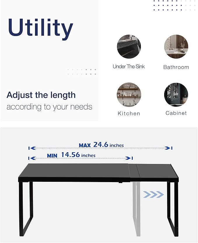 Nxconsu Expandable Cabinet Shelf, Shelf Riser for Cabinets, 11.8" Black | Edgeless Metal Cabinet Riser Holds 50 lb and Expands 14.6 to 24.6 in for Under Sink Kitchen Pantry Cupboard Shelf - Image 5