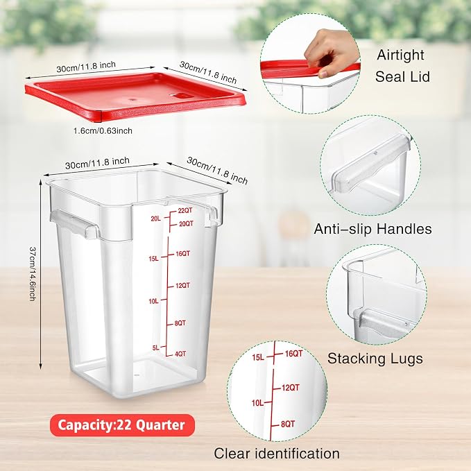2 Pcs Square Food Storage Container Polycarbonate Clear Food Container with Lid Commercial Rice Storage with Graduations for Commercial Kitchen(22 Qt,Red) - Image 2