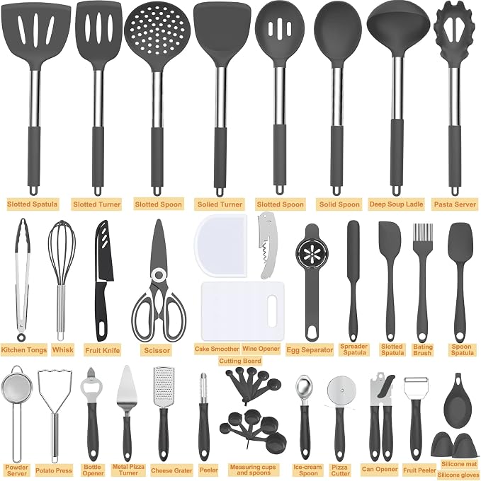 Silicone Cooking Utensil Set, Umite Chef 43 PCS Heat Resistant Kitchen Utensil Gadgets Set-Stainless Steel Handle- Kitchen Spatula Tools for Nonstick Cookware, Pots and Pans Accessories(Grey) - Image 2
