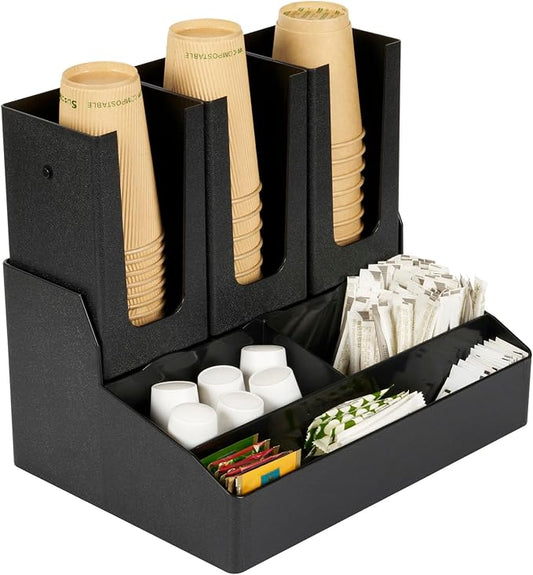 Restaurantware Restpresso Coffee Bar Organizer, 1 Count Durable 6 Compartments, Compact Size, Black Plastic Tabletop Coffee Supplies Organizer For Homes, Office Spaces, Breakrooms, and Lounges by Restaurantware