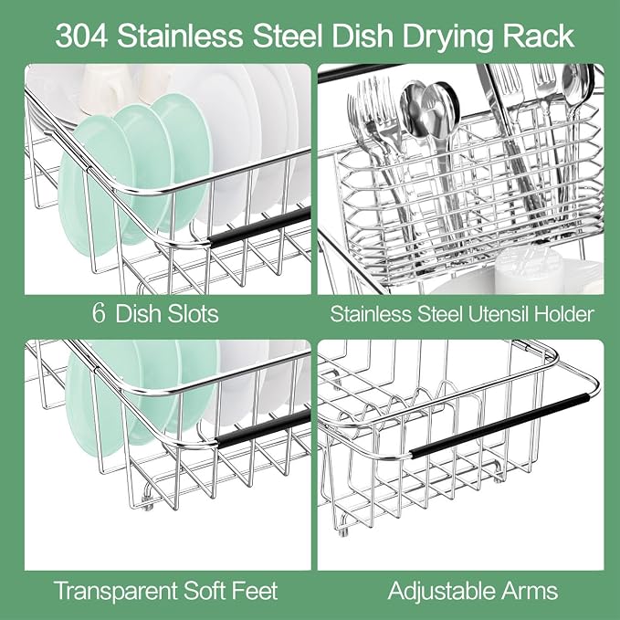 Fanbsy Small Dish Drainer Rack in Sink Adjustable, Expandable Stainless Steel Metal Dish Drying Rack Organizer with Stainless Steel Utensil Holder Over Inside Sink Counter, Rustproof(for 1-2 People) - Image 7