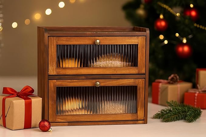 Sunhoo Bread Box for Kitchen Countertop Wooden Bread Storage Container Bin 2 Layer Breadbox Holder Large Capacity Keeper Vintage Farmhouse Food Organizer Pantry Shelf Acrylic Window (Brown) - Image 3