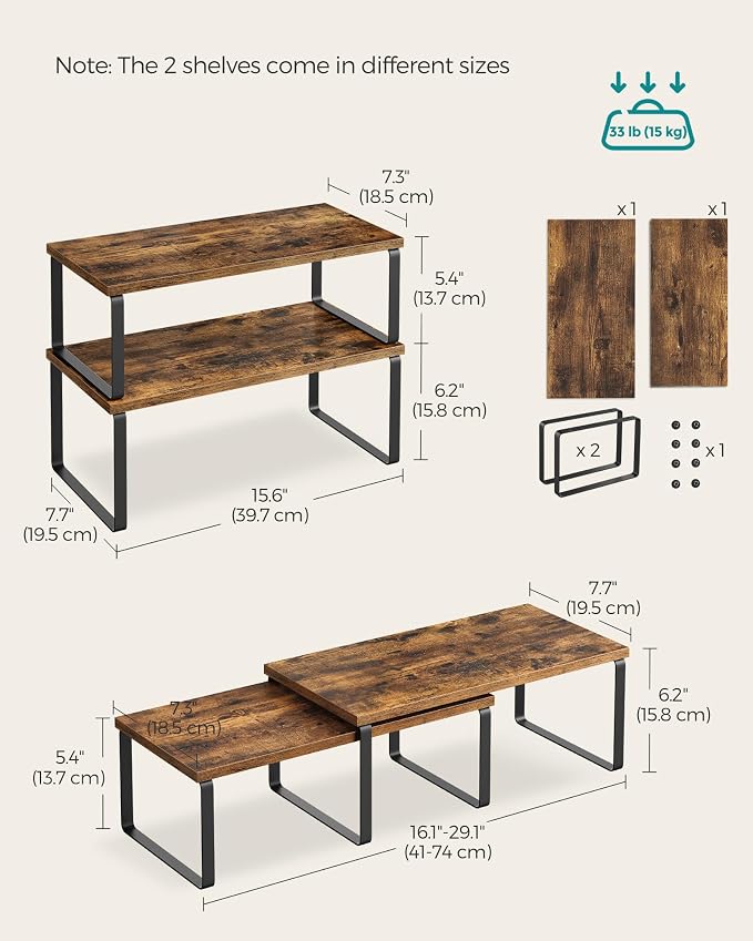 SONGMICS Cabinet Organizer Shelf, Set of 4 Kitchen Counter Shelves, Kitchen Storage, Spice Rack, Stackable, Expandable, Metal and Engineered Wood, Ink Black and Rustic Brown UKCS022X01 - Image 6