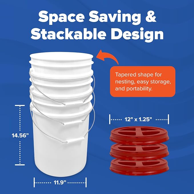 5 Gallon Bucket - Food Grade w/Lid BPA-Free, White/Red, 6 | Airtight Gamma Seal Screw-On Lid, Heavy-Duty 90 Mil HDPE Plastic, Food Safe and Durable Container, Bulk Storage, Made in USA - Image 3