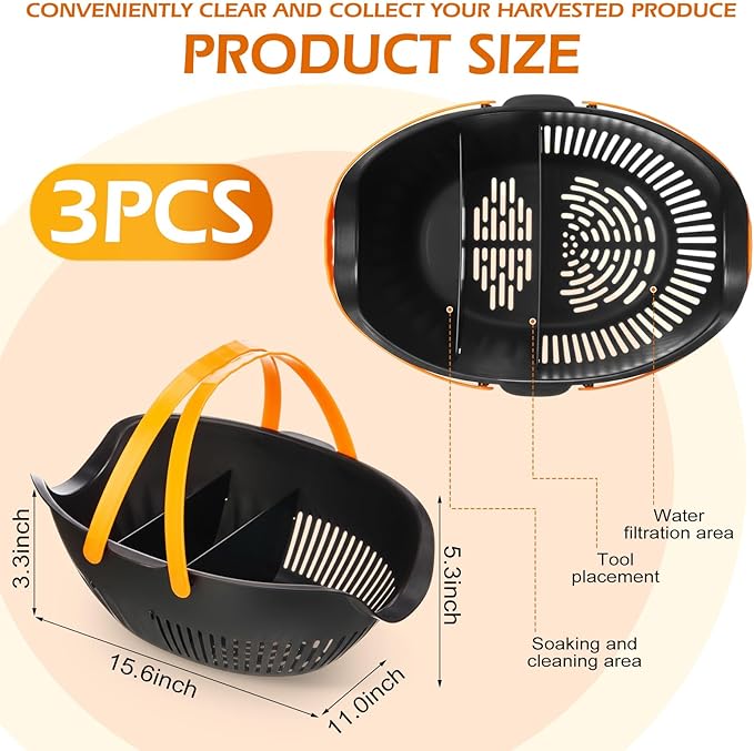 Nuogo 3 Pcs Garden Harvest Basket, Removable Partitions with Tool Caddy for Collecting, Carrying, and Cleaning Harvesting Basket Doubles as a Colander for Vegetables and Fruits Garden Accessories - Image 2